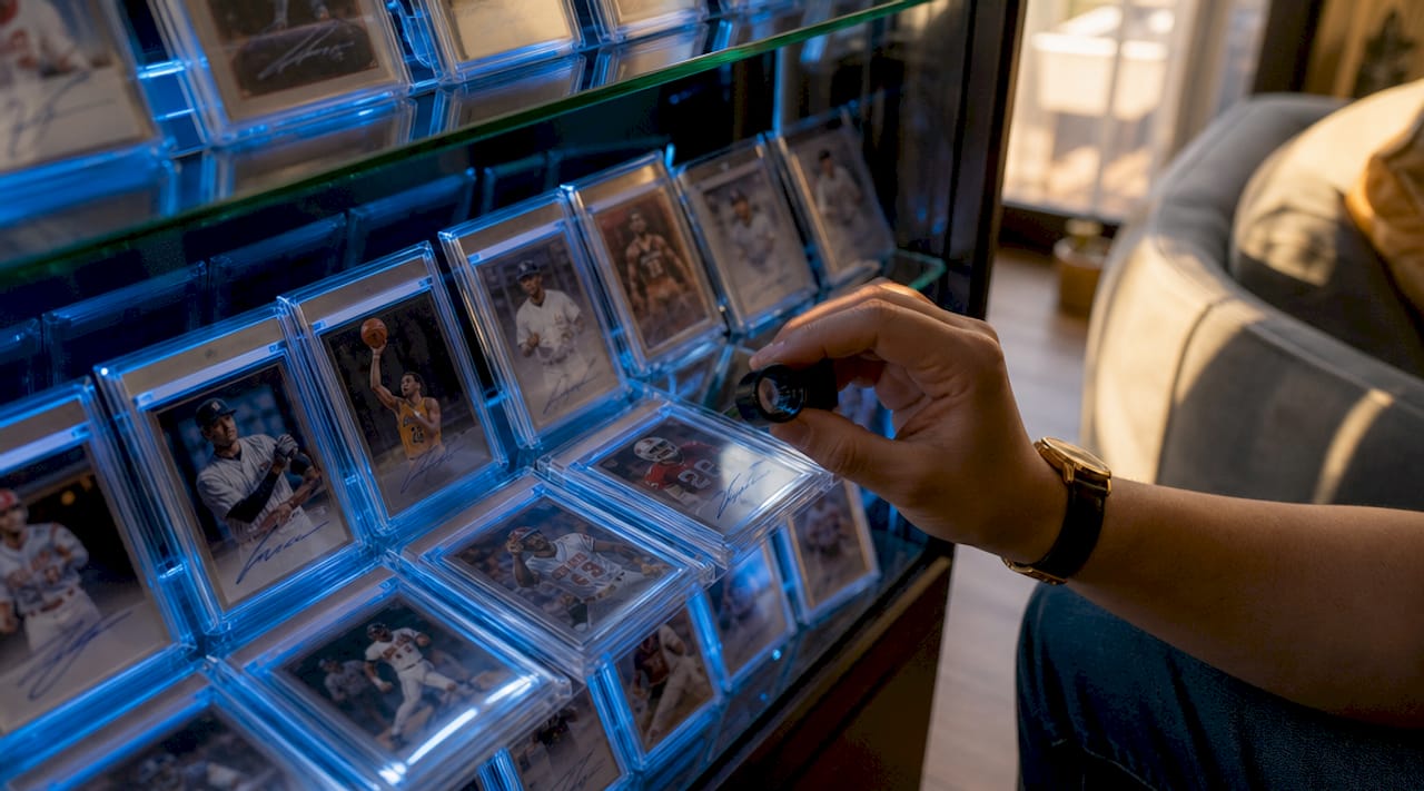 Graded autograph cards in display case