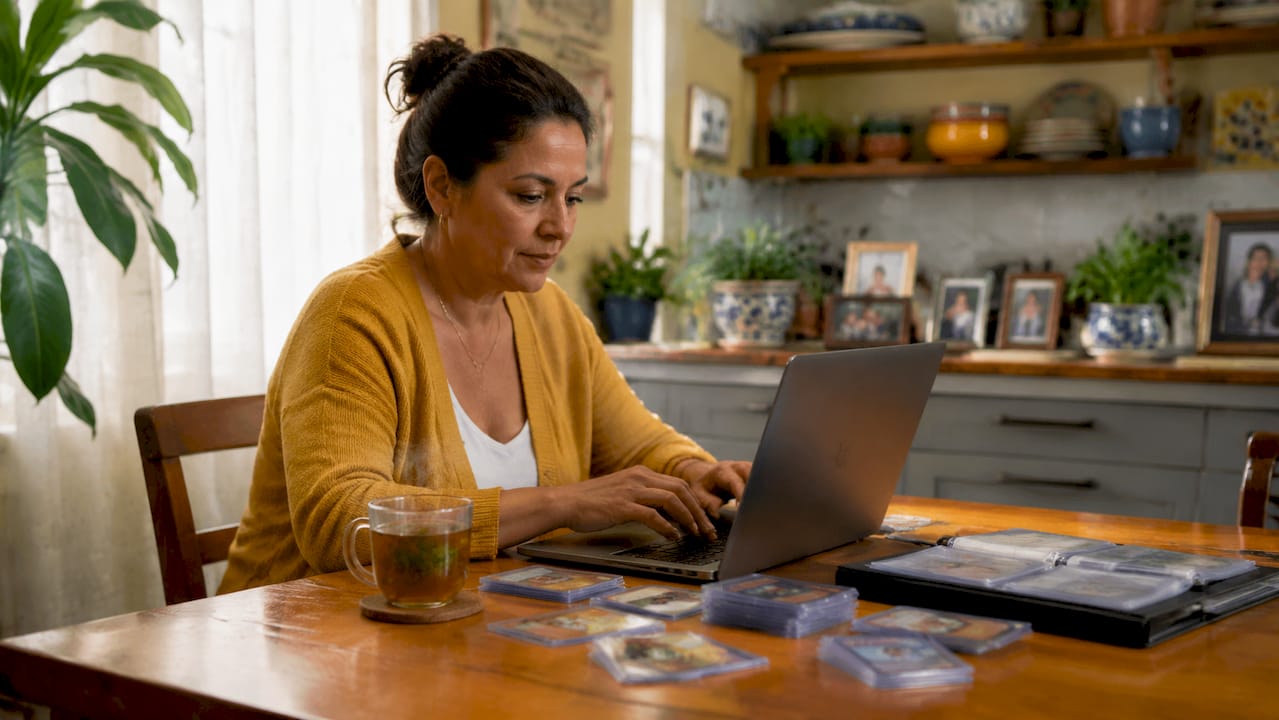 Woman buying rookie cards online on laptop