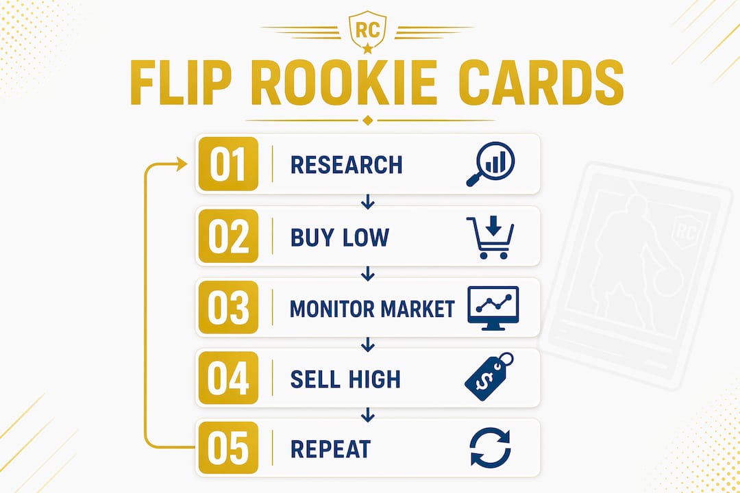 Infographic illustrating steps to flip rookie cards