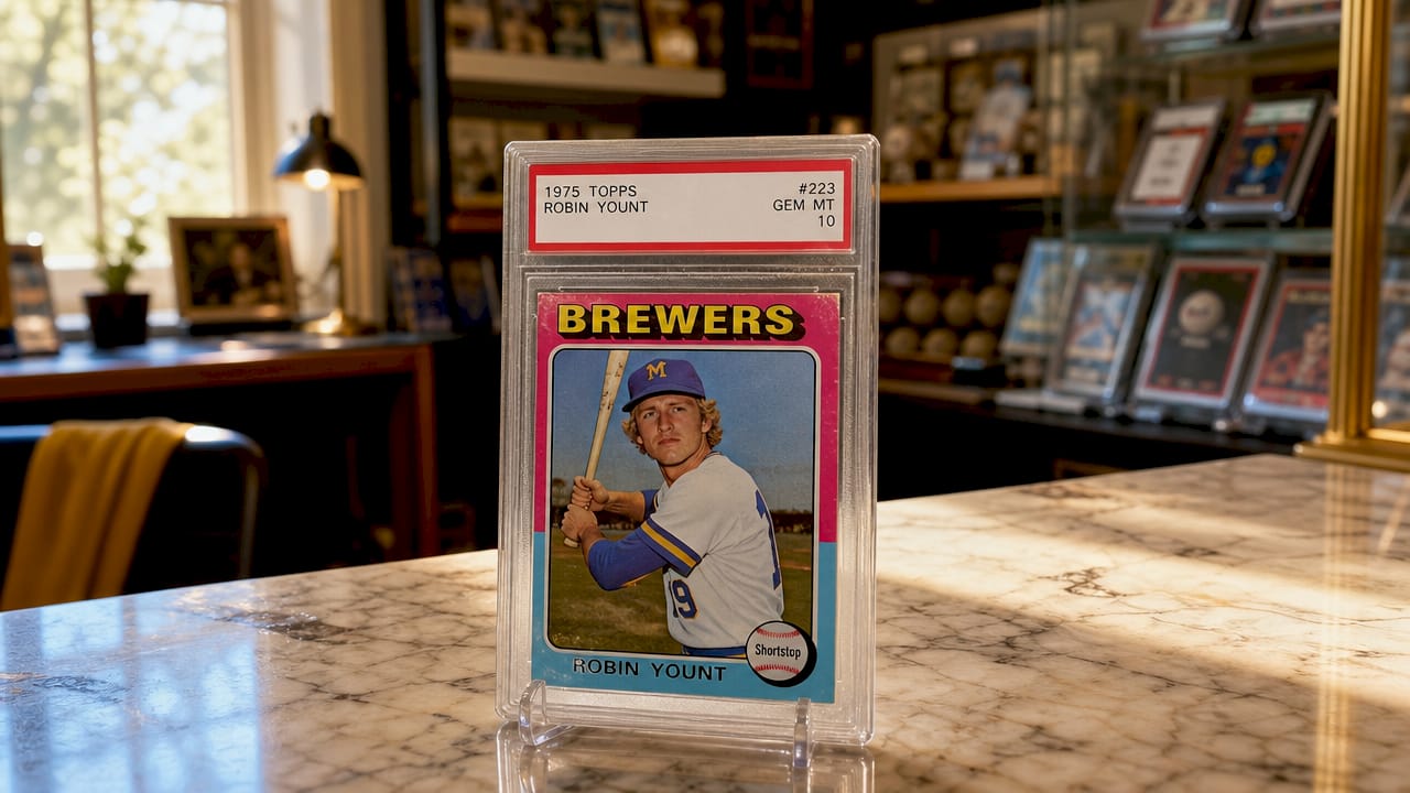 Close-up of vintage Robin Yount rookie card in slab
