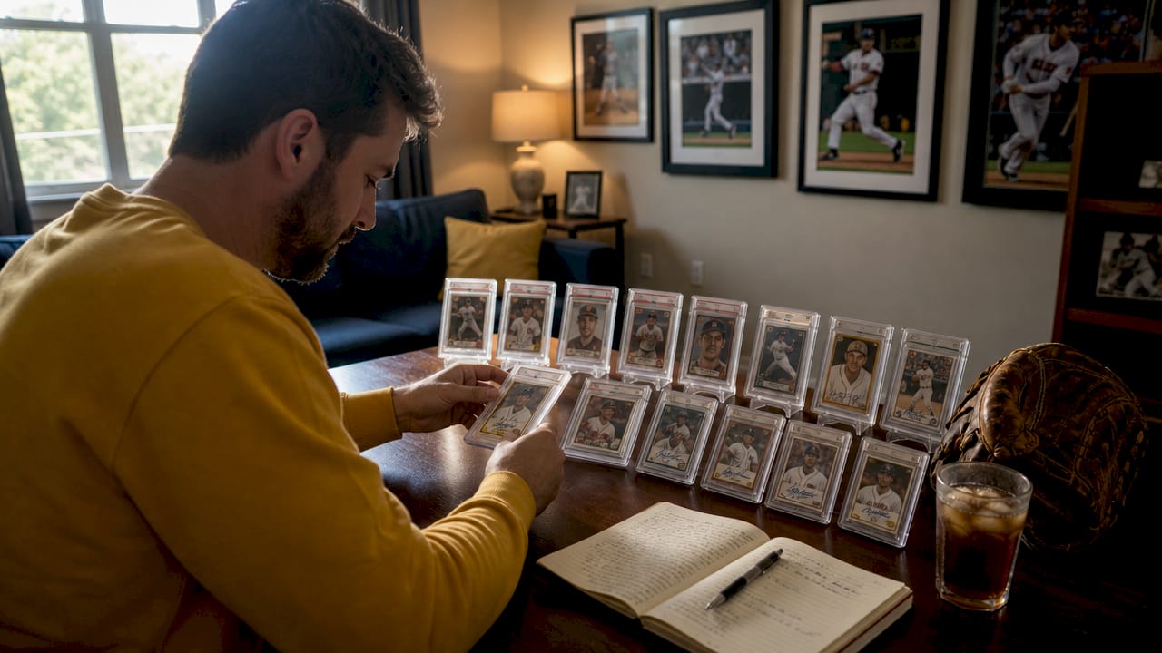Overhead view of serial-numbered rookie autograph cards