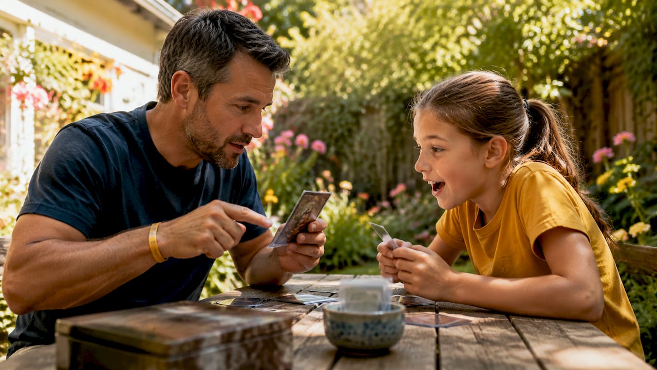 Father teaching daughter rookie card collecting