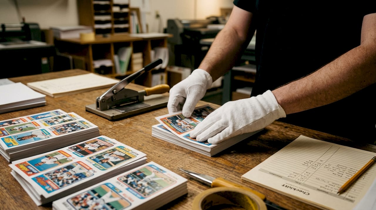 Top-down view of rookie card production assembly