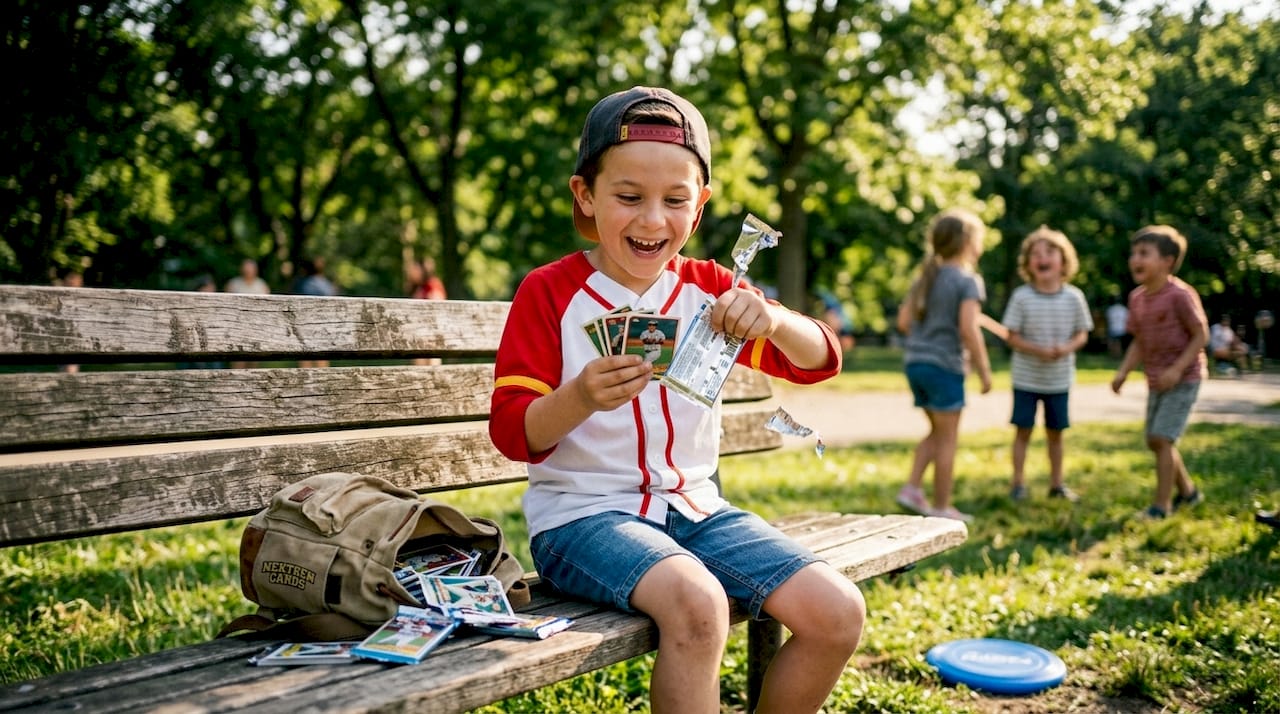 Child opening baseball card pack at table