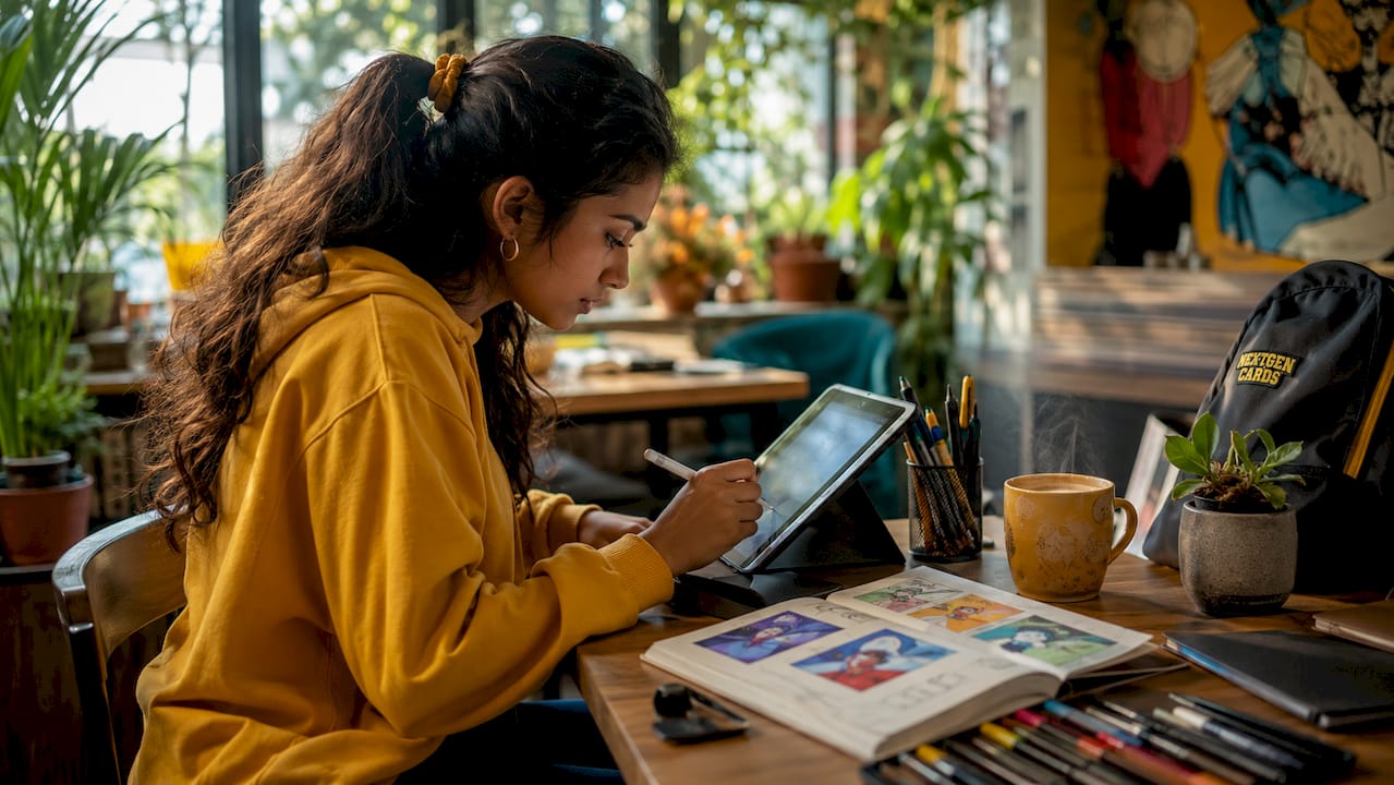 Artist designing digital sports card on tablet