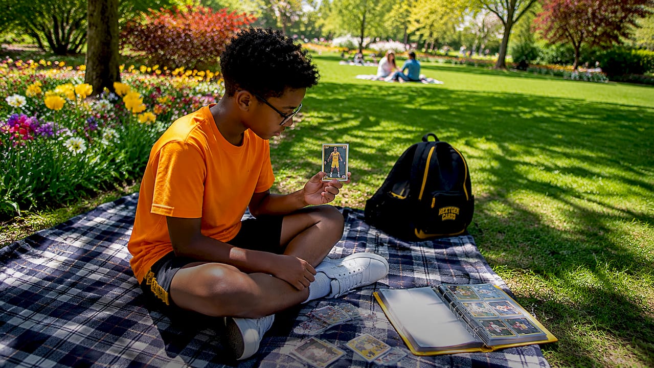 Young boy reading sports card at library