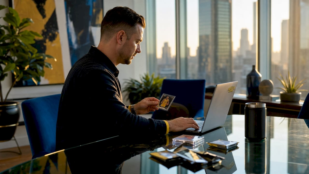 Collector browsing Topps Now cards at home desk