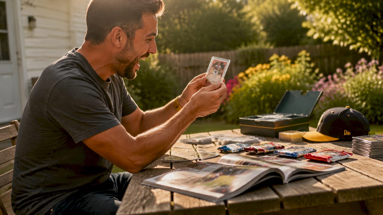Close-up photo of collector examining authenticated debut patch card