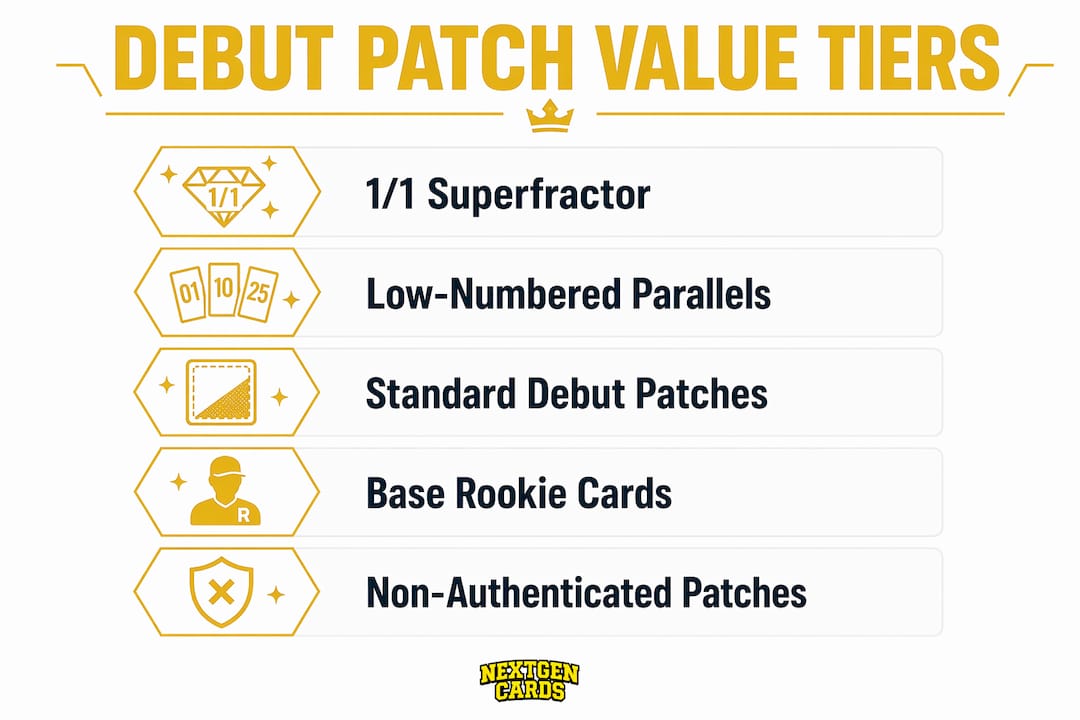 Infographic showing ranked debut patch rookie card value tiers