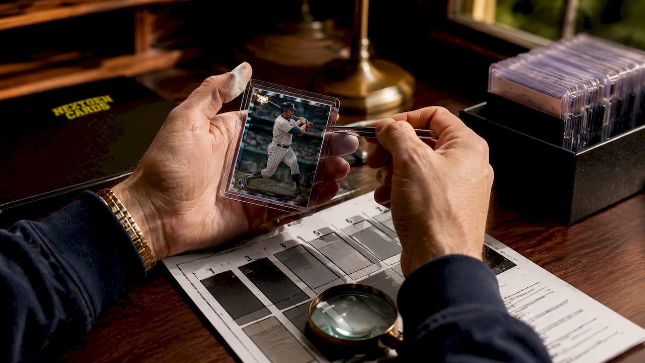 Close-up of hands grading Aaron Judge rookie card
