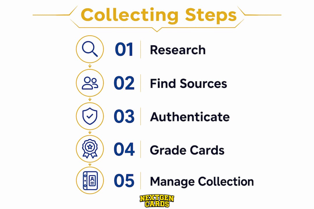 Vertical flow infographic outlining rookie card collecting steps