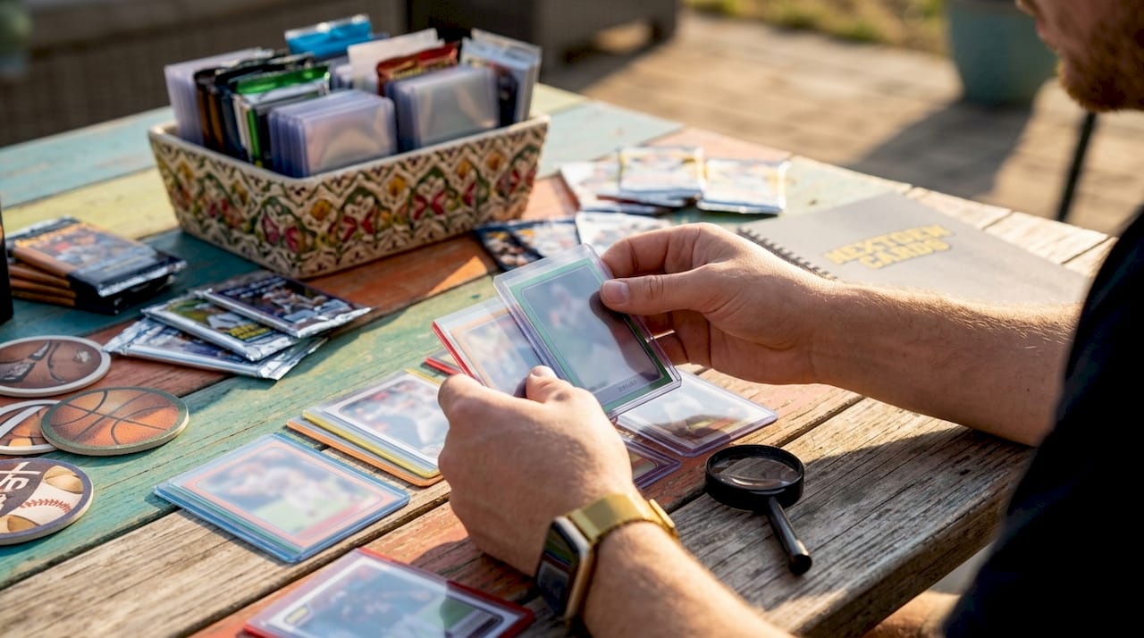 Over-shoulder view of hands sorting serialized rookie cards