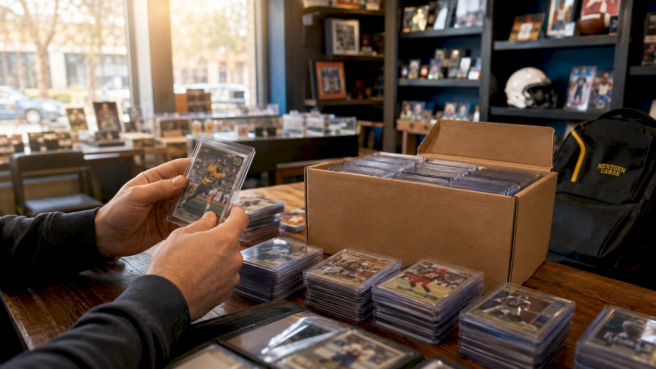 Close-up on hands by sports cards and shipping materials at hobby shop counter