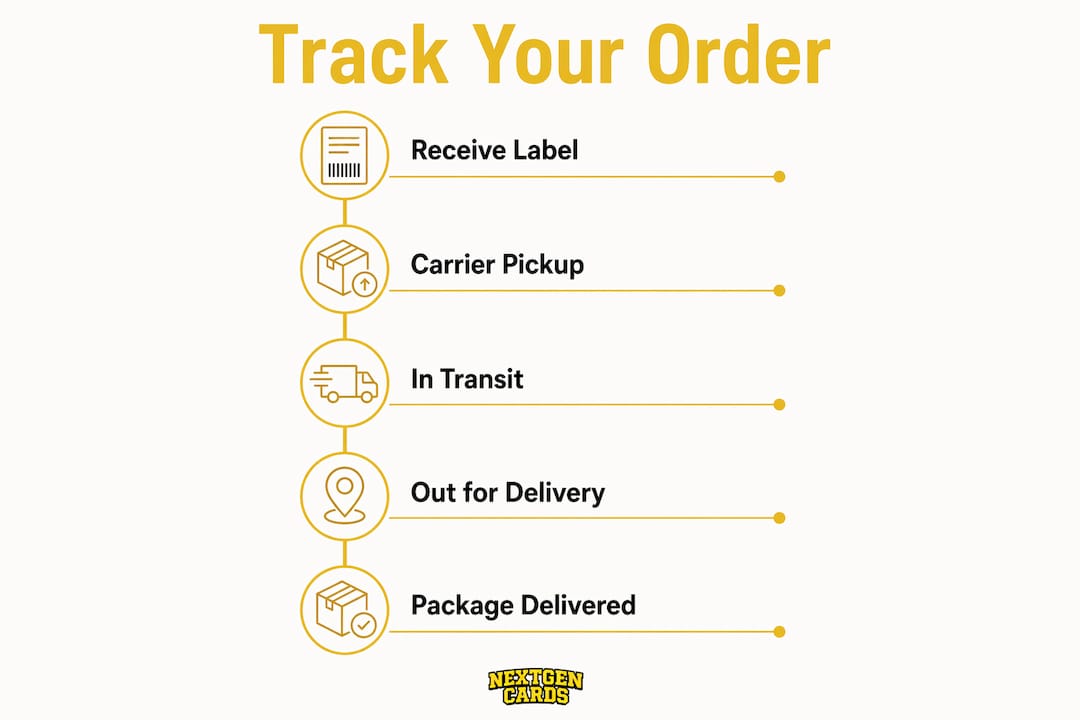 Infographic showing step-by-step sports card order tracking process