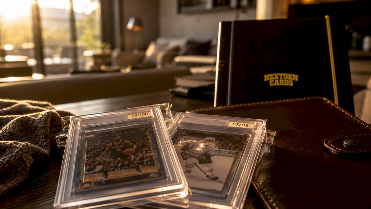 Close-up of graded sports cards in plastic holders