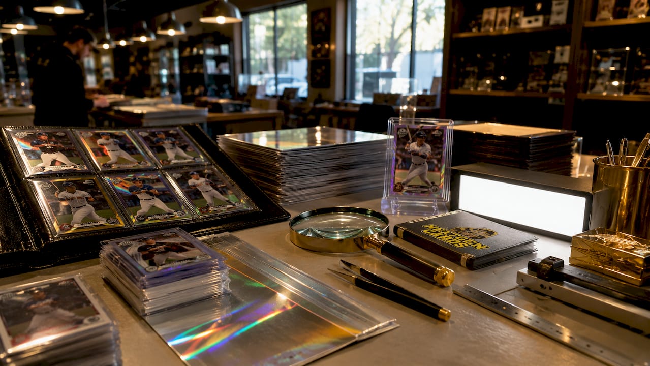 Metallic card stock and tools on archival table
