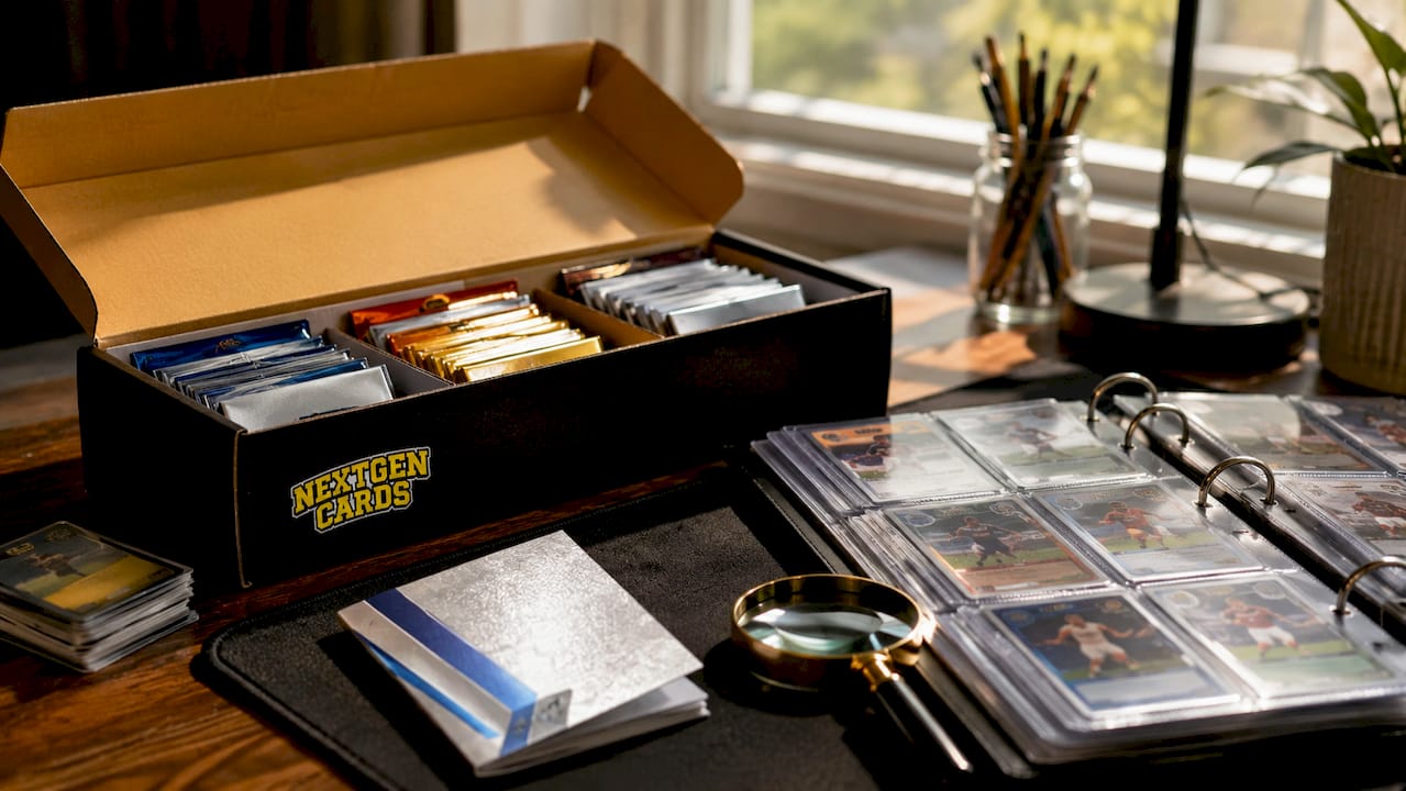 Overhead view of starter sports card bundle on table