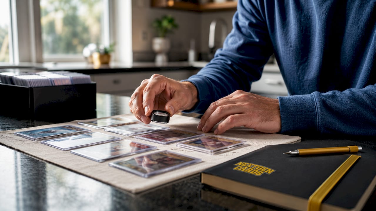 Overhead view of sports card inspection with magnifier
