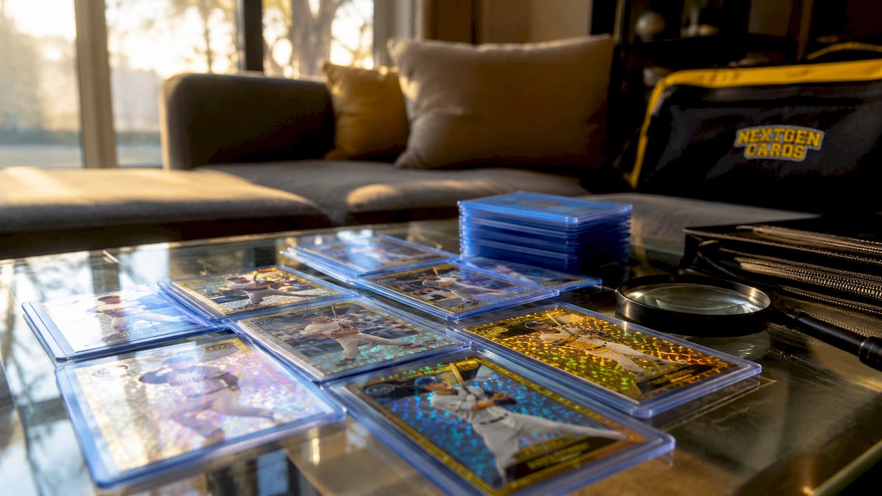 Overhead close-up of holographic sports card inserts