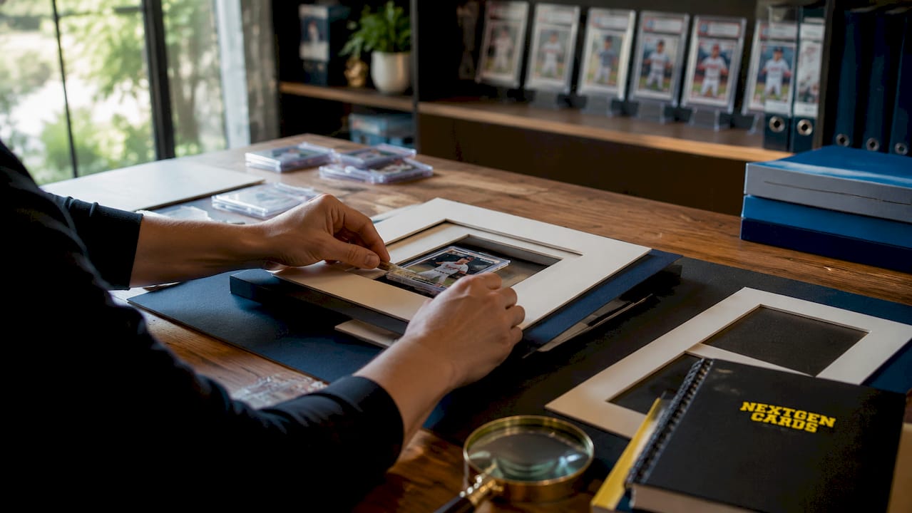 Overhead view of professional sports card framing setup