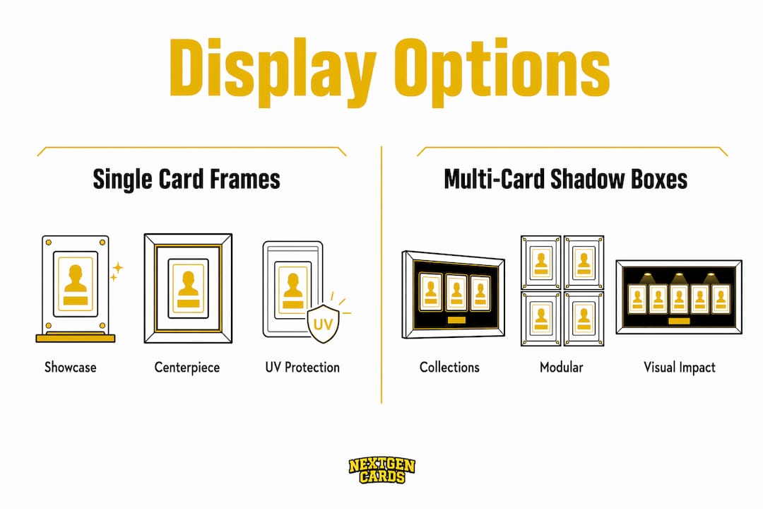 Infographic comparing single card frames and multi-card shadow boxes display options