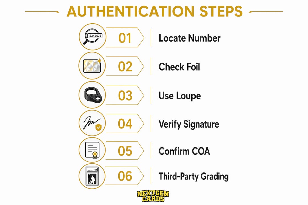 Infographic outlining steps for authenticating MLB autograph cards