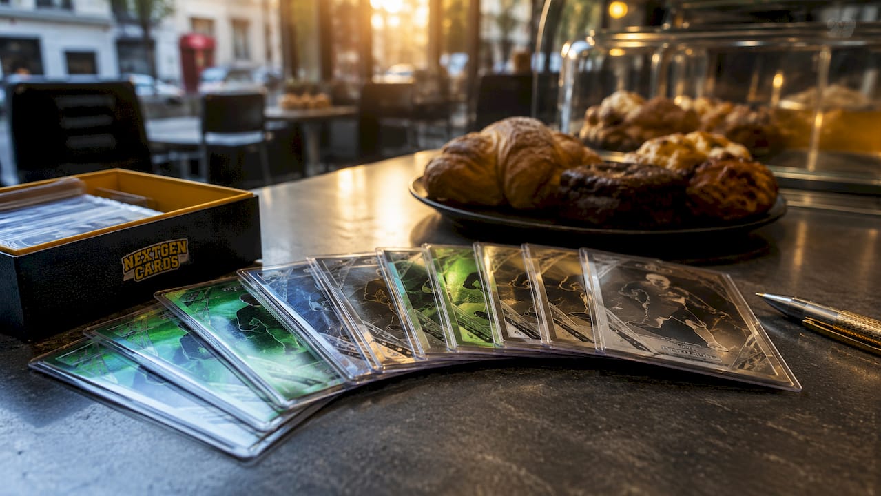 Fan of parallel trading cards on table