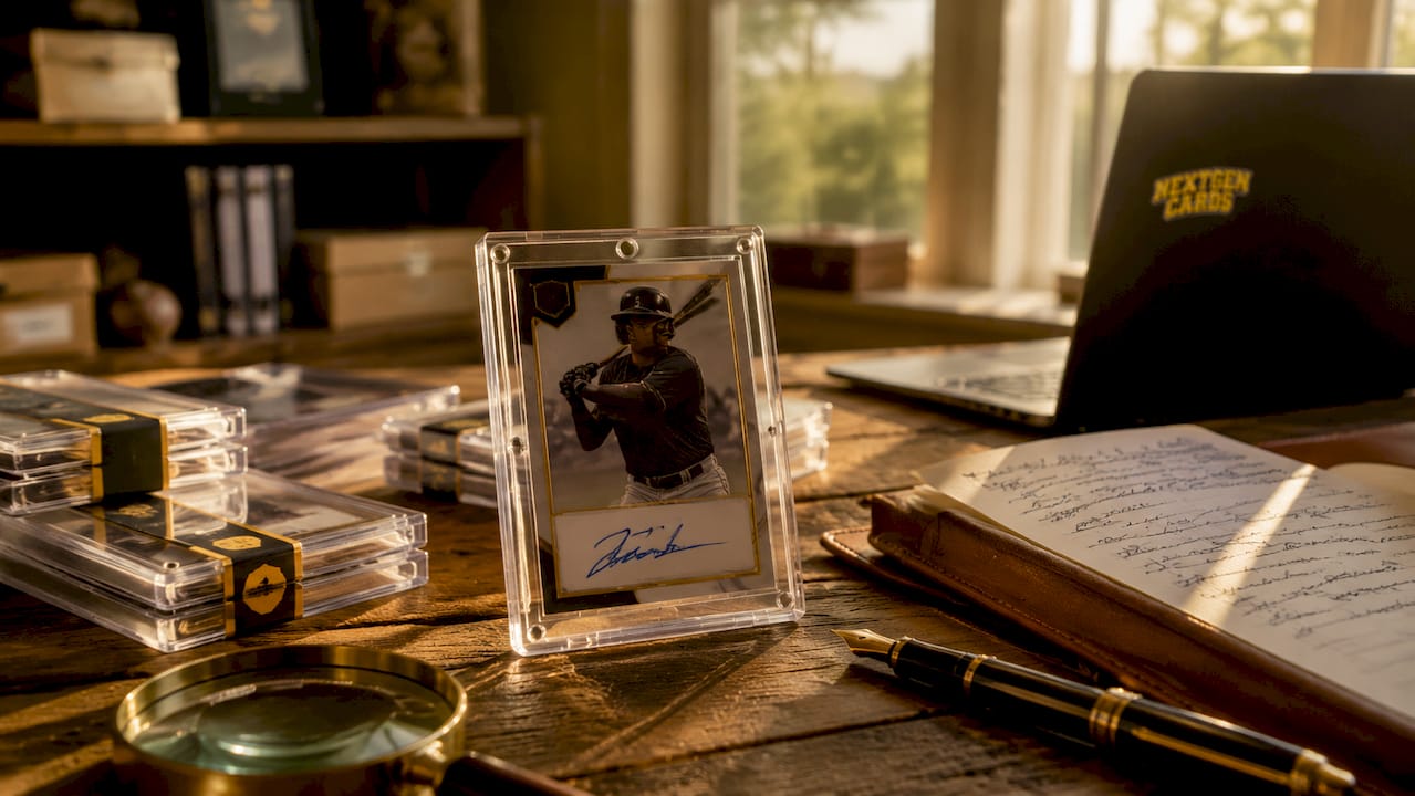 Rookie autograph card and graded slabs on desk