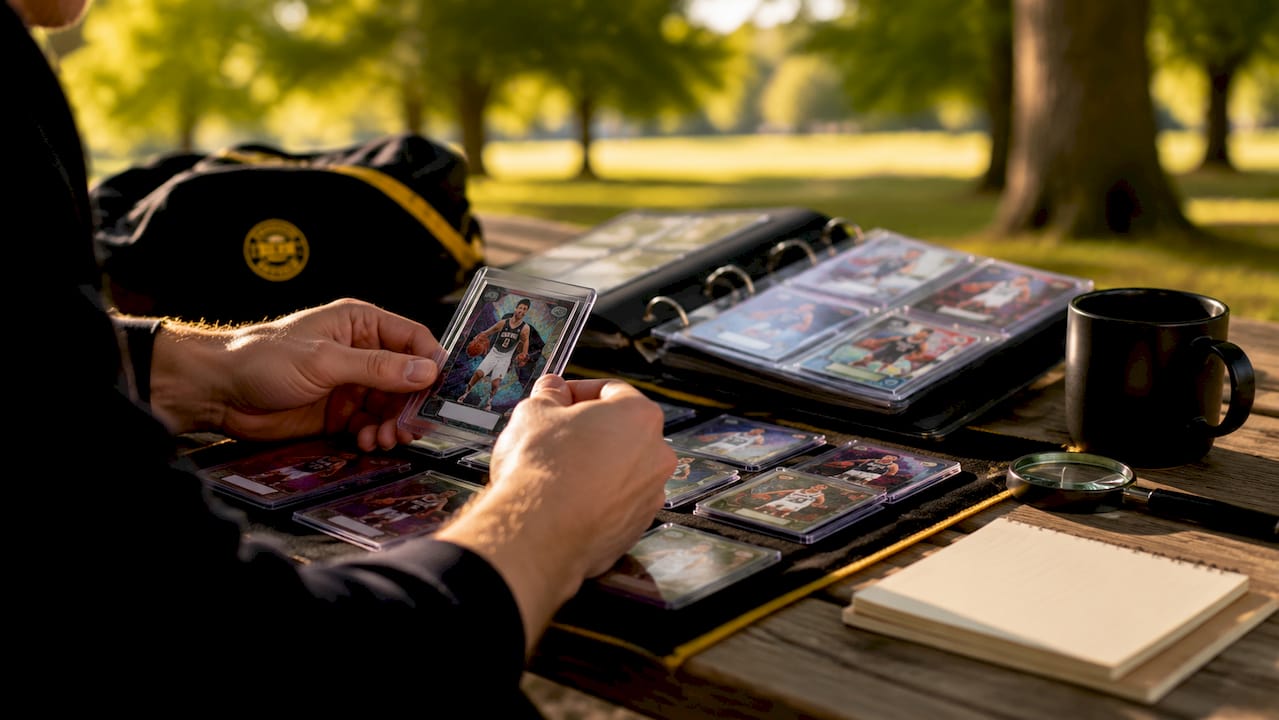 Collector organizing rookie cards at desk