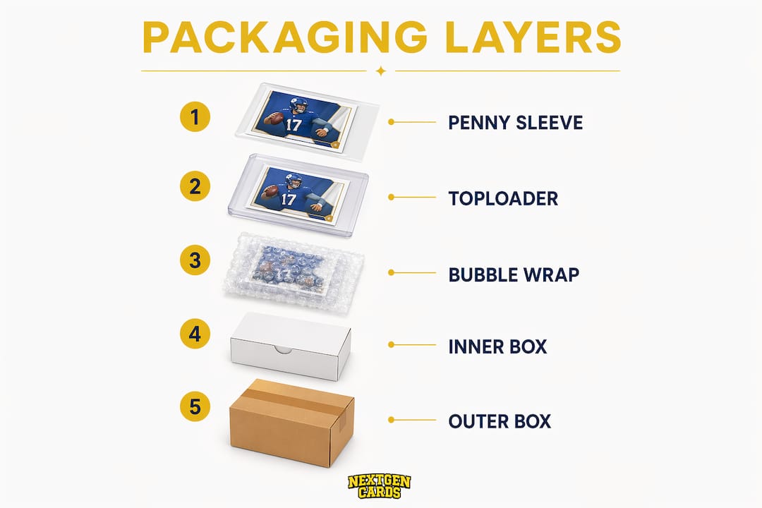 Vertical infographic of protective packaging stages for rare cards