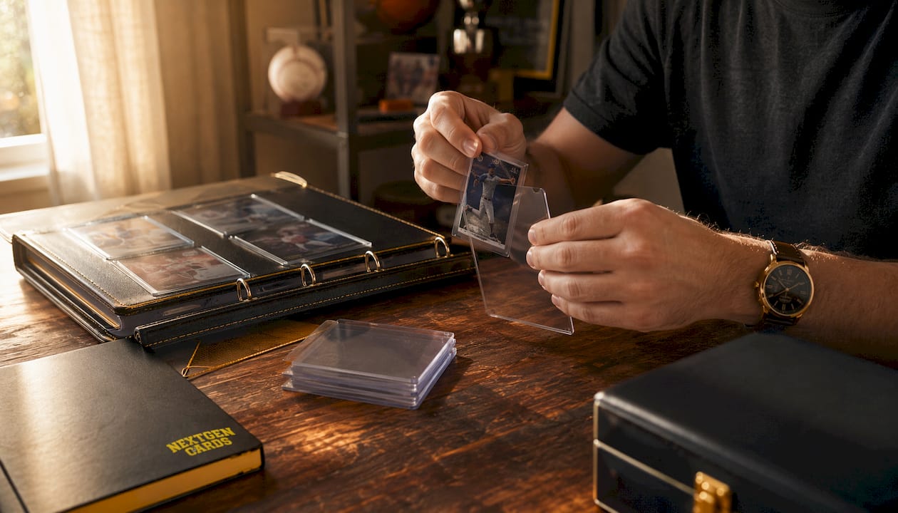 Hands placing card into rigid toploader with sleeves nearby