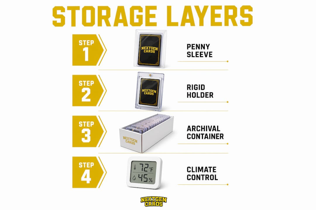 Infographic illustrating four key layers of trading card storage