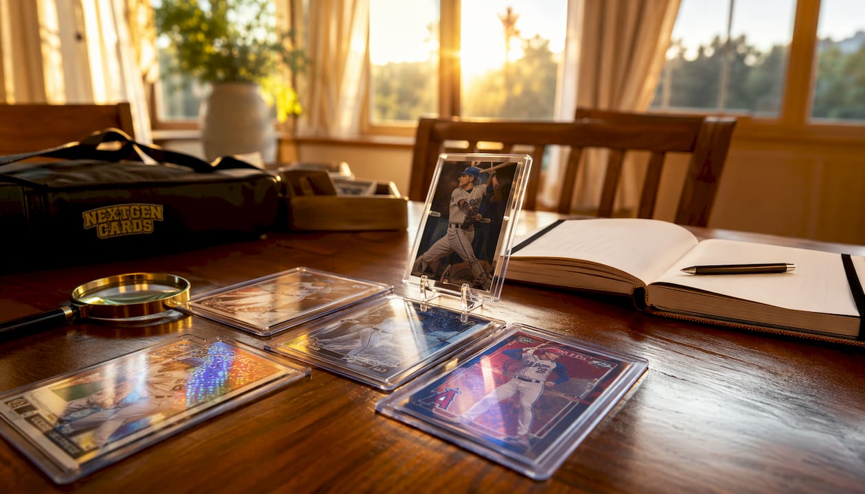 Overhead view of Shohei Ohtani two-way crossover cards on office table