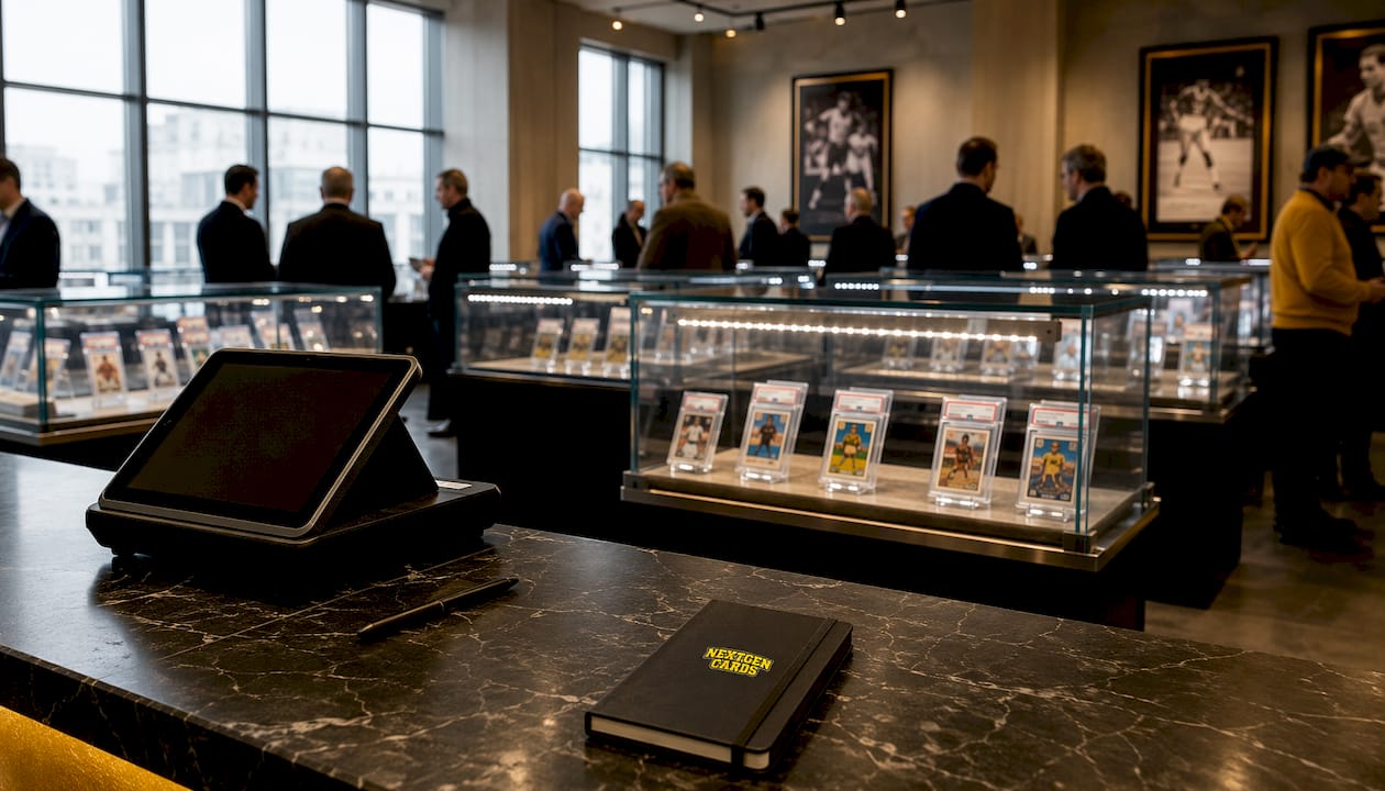 Auction preview room with rare sports cards