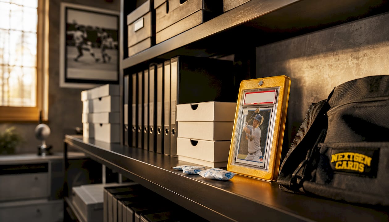 Card storage shelf with protective holders and cases