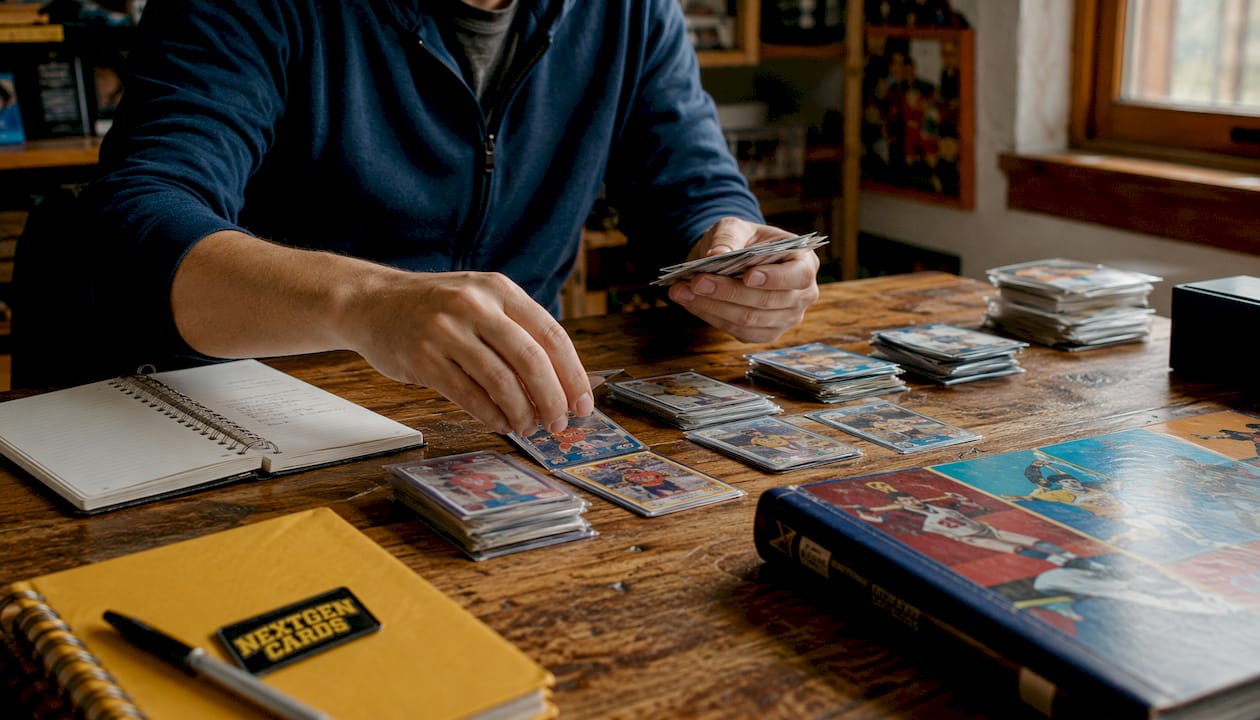 Hands sorting cards by value on felt table