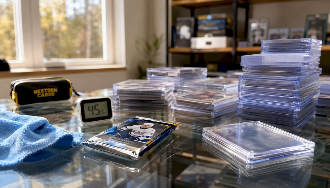 Close-up of trading card protection and care tools