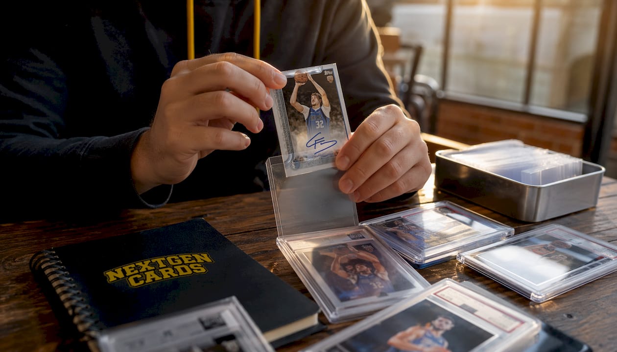 Hands sleeving Cooper Flagg rookie card in cozy study