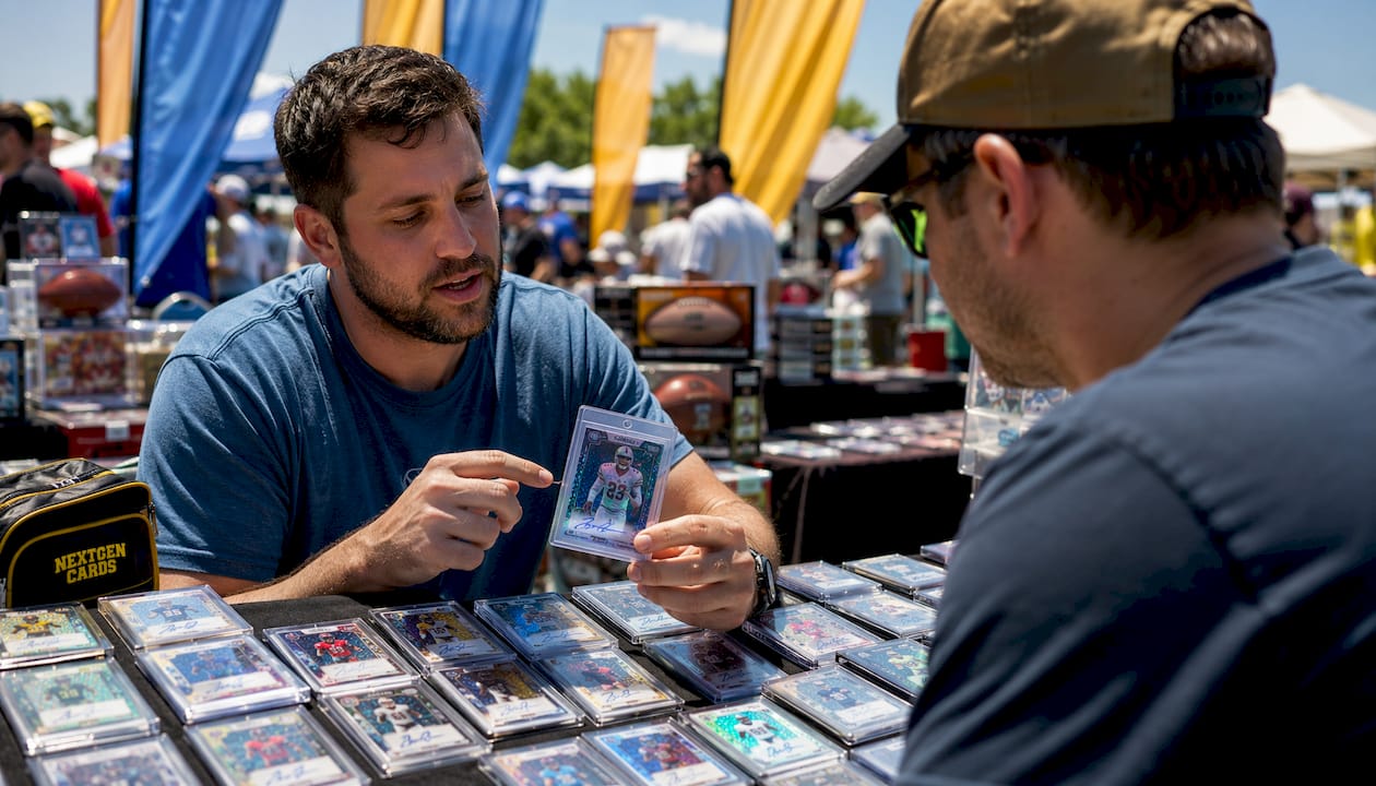 Top-down view of Panini Prizm rookie autograph cards
