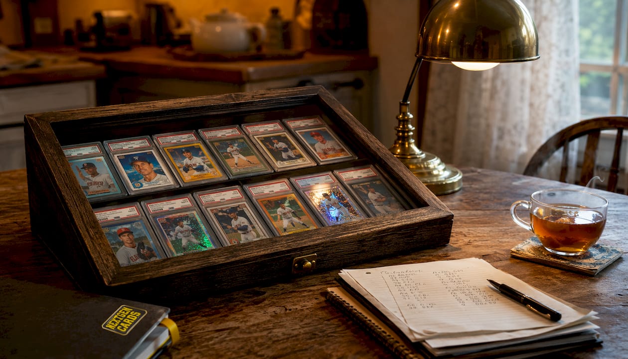 Overhead view of photo variation cards on display board