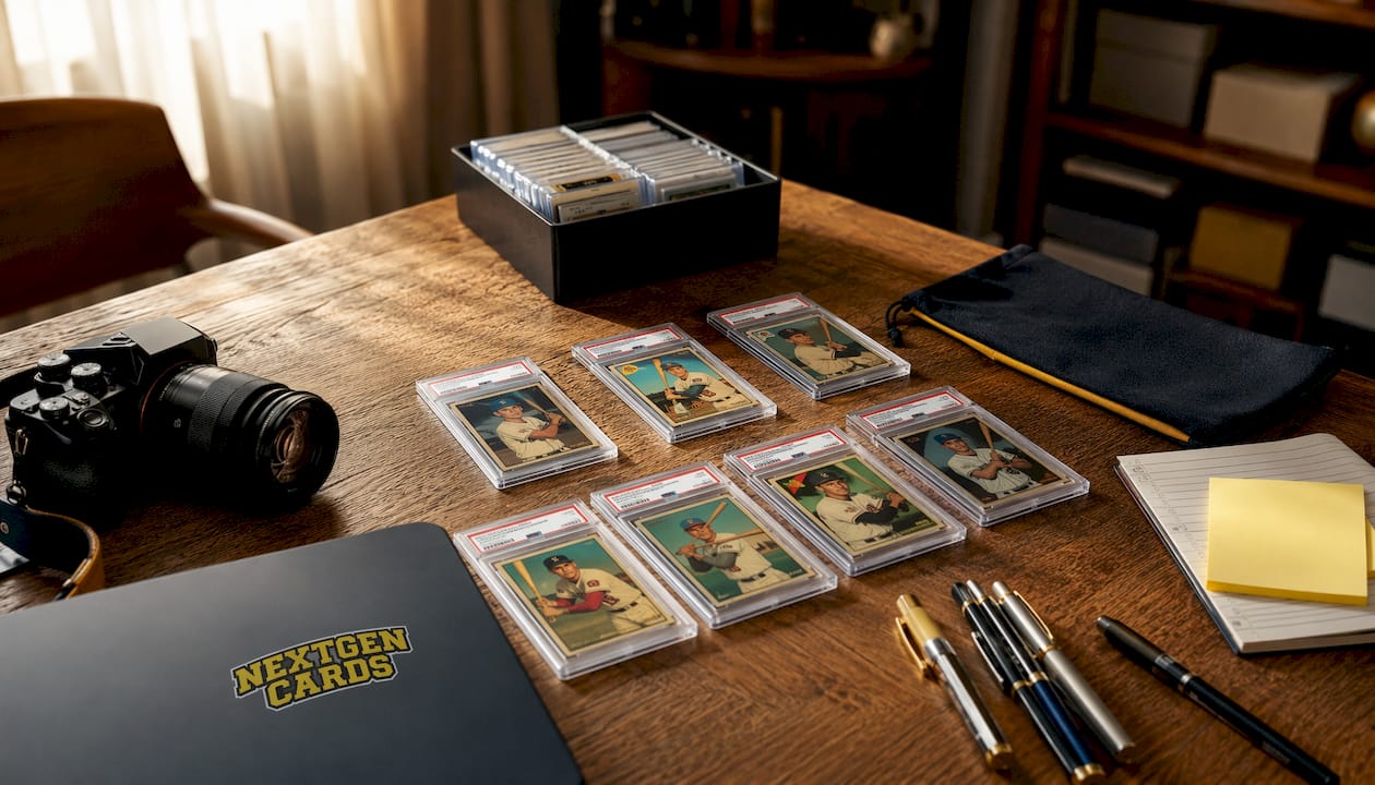 Graded Topps Heritage photo variation cards on table