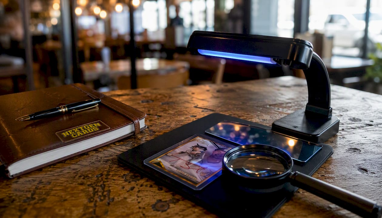 Desk with tools for verifying raw card authenticity