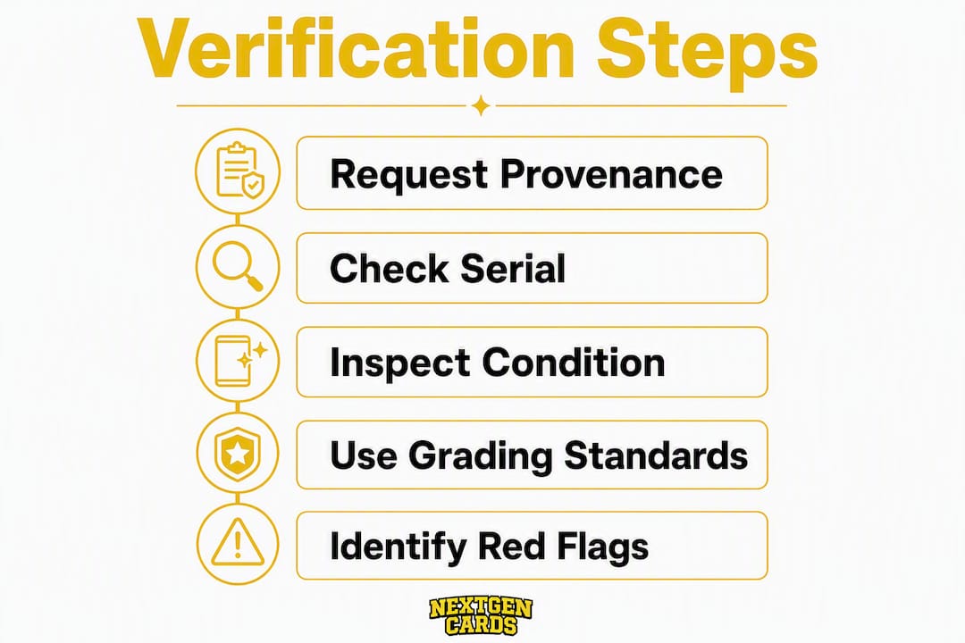 Infographic illustrating steps to verify raw cards before purchase