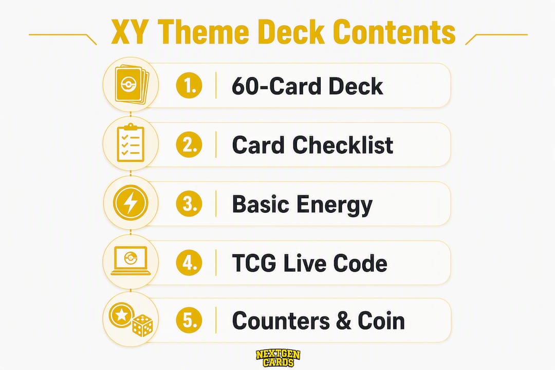 Infographic showing contents of Pokémon XY theme decks