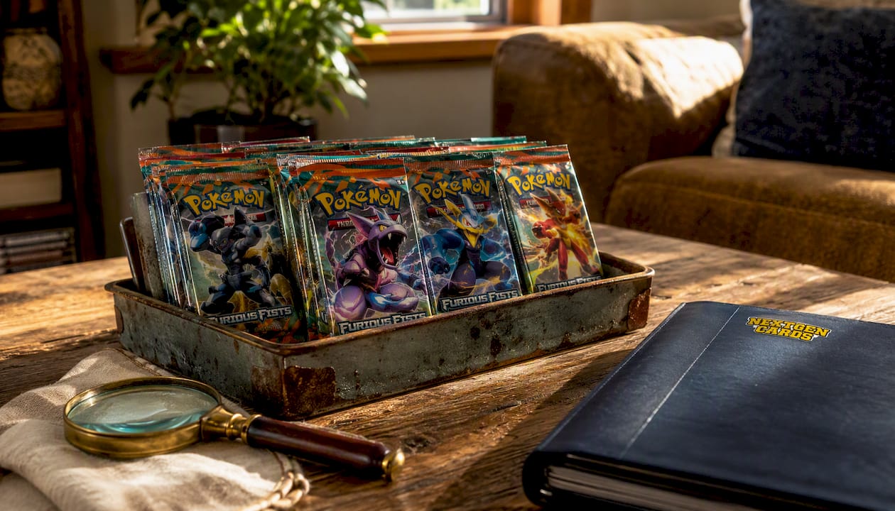 Pokémon Furious Fists booster packs in wooden tray on desk