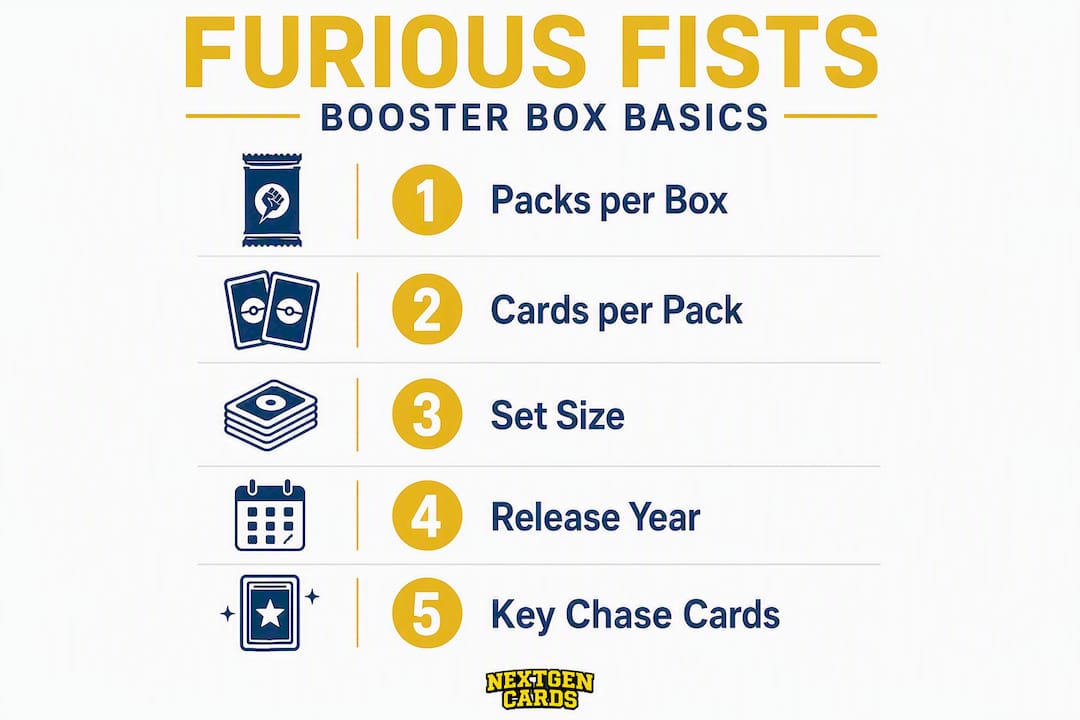 Infographic showing key specifications of Furious Fists booster box