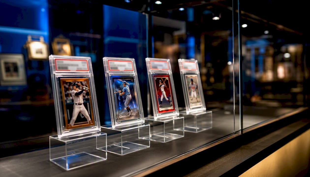 PSA graded cards displayed in auction case