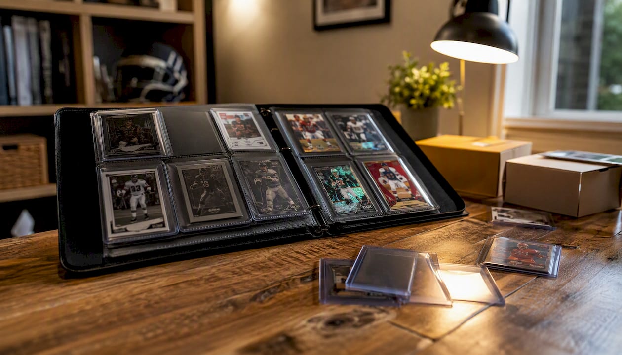 Organized sports card binder with collecting supplies