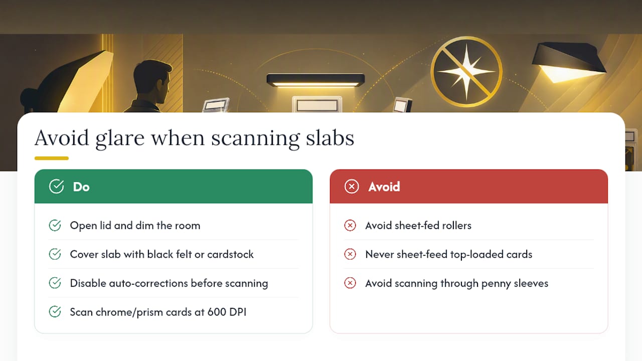 How do you scan graded slabs and reflective cards without glare? — overview diagram
