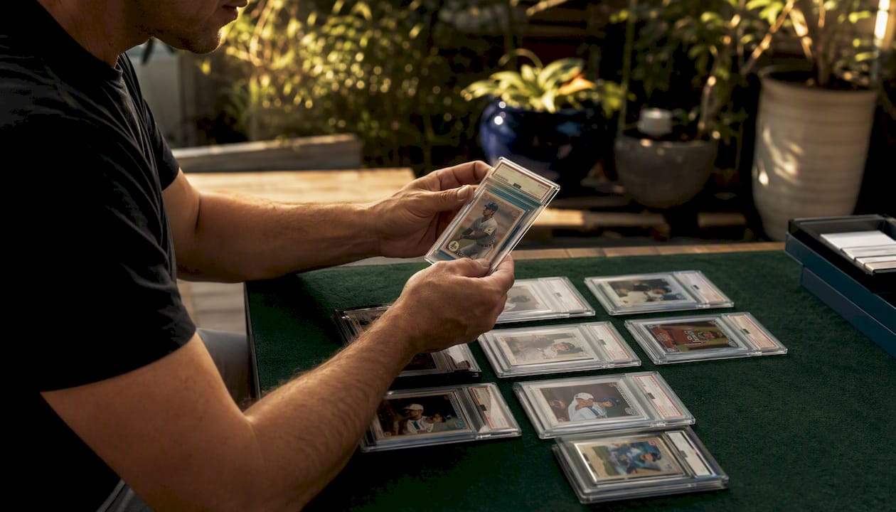 Hands sorting authenticated rare sports cards carefully